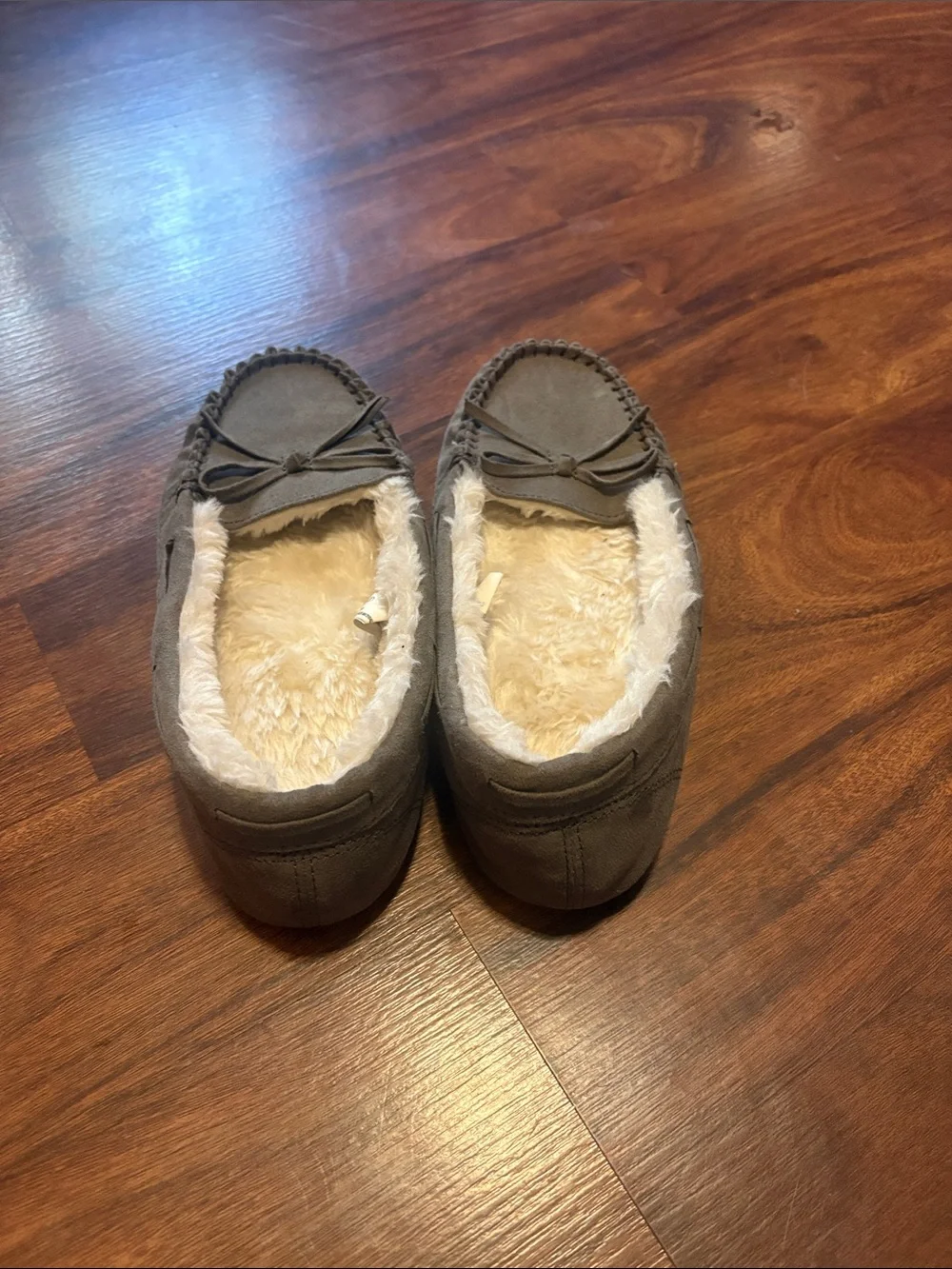 Faux-Suede Cozy Moccasin Slippers in Gray